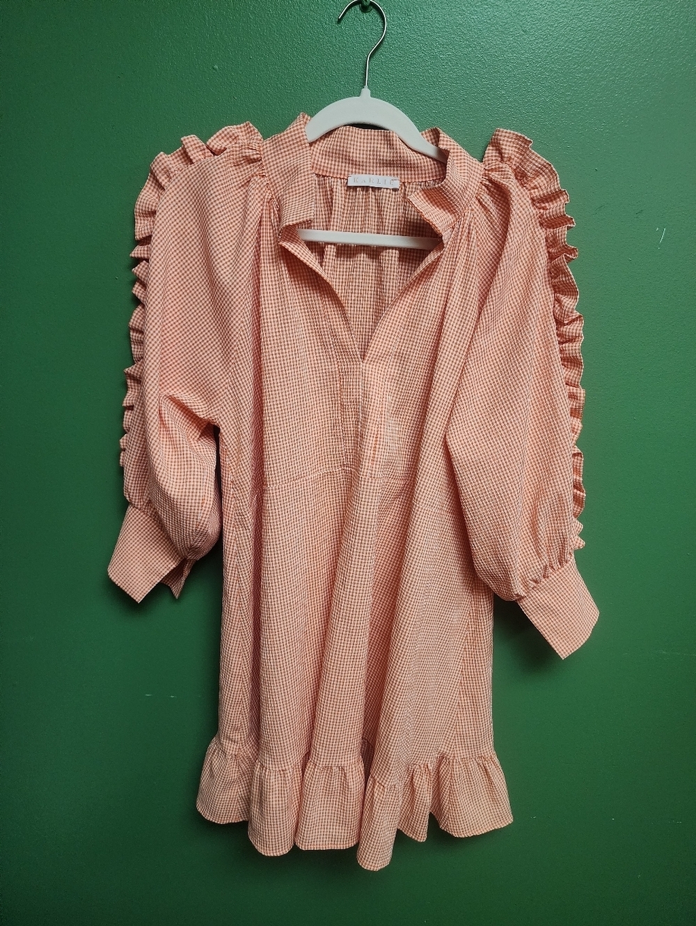 Karlie Orange Gingham Ruffle Mini Dress Puff Sleeve Collared Size M/L